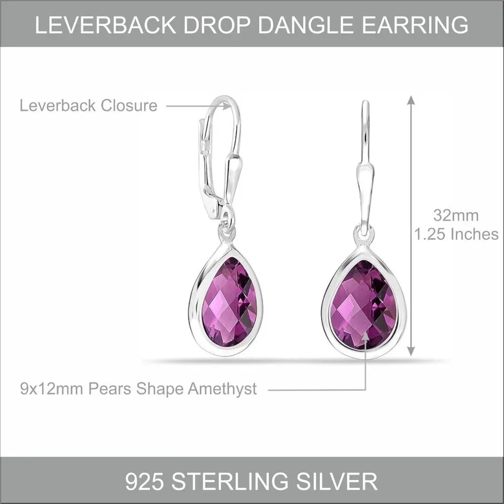 Women's Sterling Silver Drop Created Birthstone Leverback Purple Earring - Picture 3 of 6